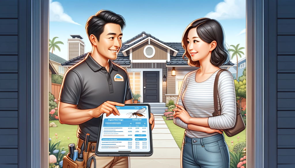 A knowledgeable Hispanic pest control expert discussing prices with an Asian homeowner outside a modern San Diego home, showing a pricing chart on a digital tablet.