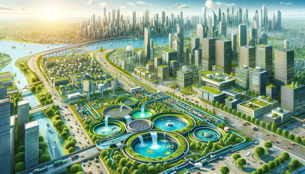 Futuristic city with sustainable wastewater treatment systems and green urban spaces.